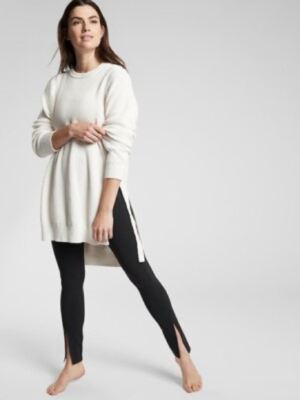 Athleta West End Tunic Sweater Side Tie Ribbed Knit Womens XS Light Gray
